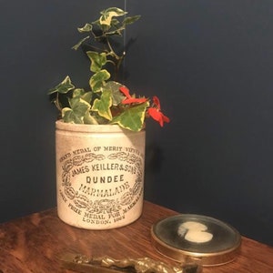 May include: A vintage ceramic jar with a white background and black lettering. The jar is labelled "James Keiller & Sons Dundee Marmalade" and has a gold trim. The jar is filled with green and yellow ivy plants and a red flower.