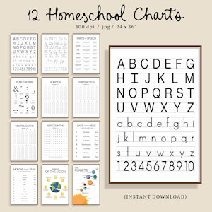 Pode incluir: Um conjunto de 12 cartazes educativos para ensino doméstico com texto preto em fundo branco, incluindo alfabeto, números, gramática, matemática, dias, meses, fases da lua e planetas, medindo 61 por 91 cm.