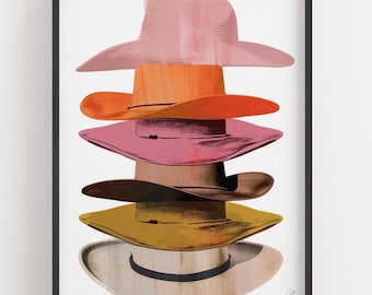 Stacked Cowboy Hats Art Print: Modern Neutral Southwestern Decor