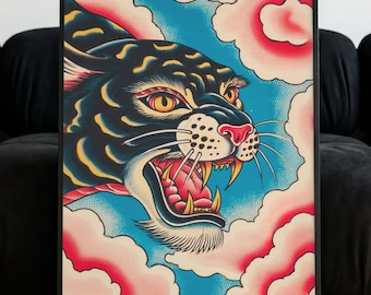 Panther Tattoo Art Print I: Neo Traditional Flash Tattoo Style Bold Wall Decor