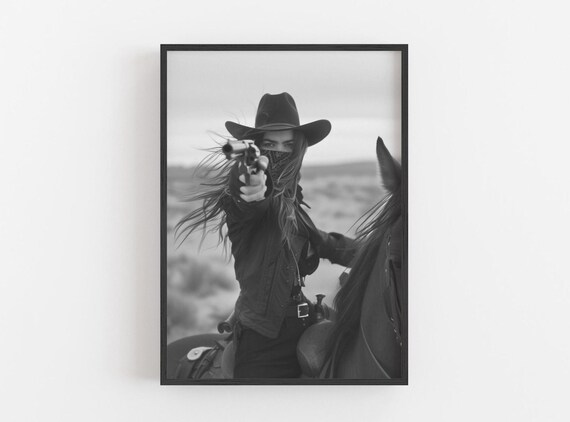 Bandit Queen Cowgirl Art Print: Black and White Western Horse Rider Giclee