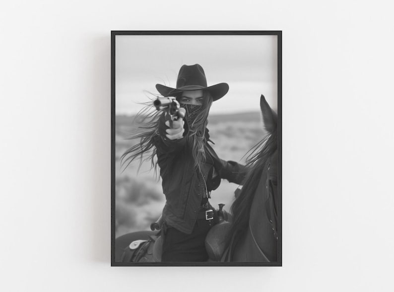 Bandit Queen Cowgirl Art Print: Black and White Western Horse Rider Giclee image 1