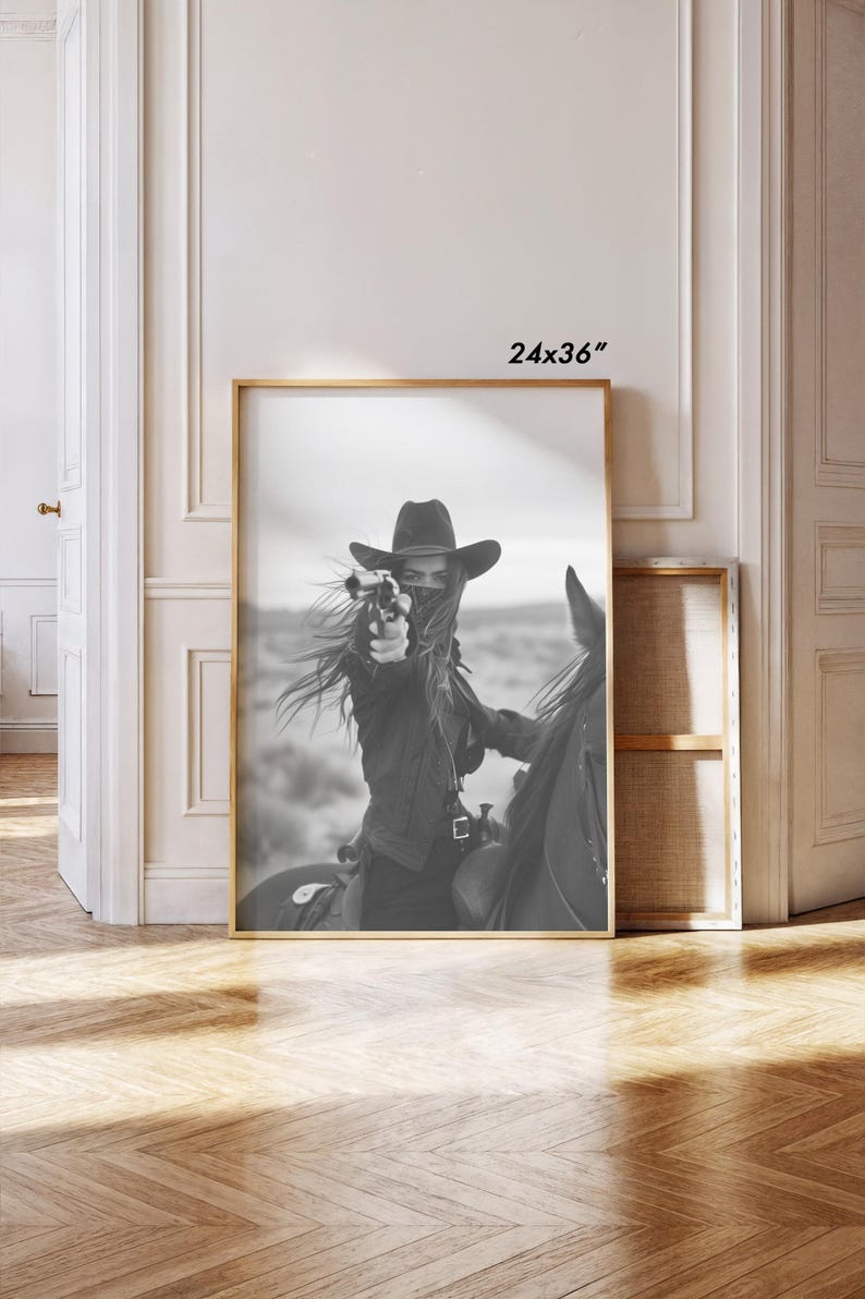 Bandit Queen Cowgirl Art Print: Black and White Western Horse Rider Giclee image 3