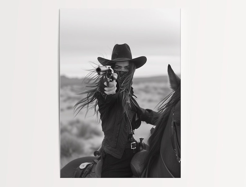 Black and white photograph of a cowgirl on horseback aiming a revolver in the desert.