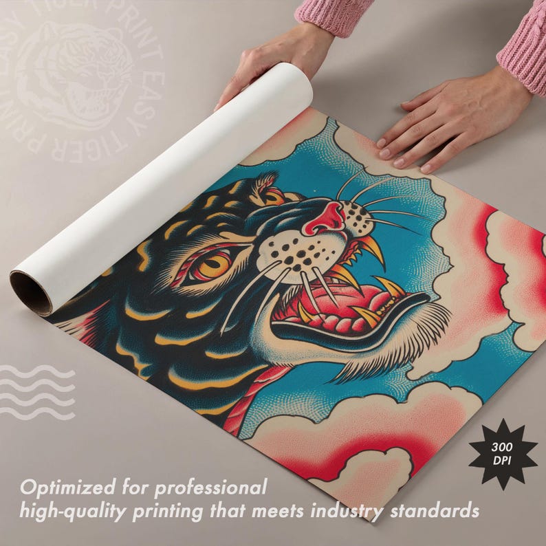 May include: A rolled canvas print featuring a stylized illustration of a black panther with yellow eyes, bared teeth, and red accents, set against a blue background with pink clouds. The print includes the text 300 DPI in the bottom corner.