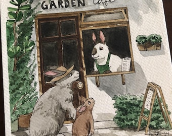 Rabbit Garden Cafe Art Print | Watercolor Illustration