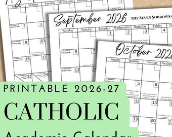 Printable 2026-2027 Academic Catholic Calendar | Liturgical Planner with Feast Days | .PDF Download