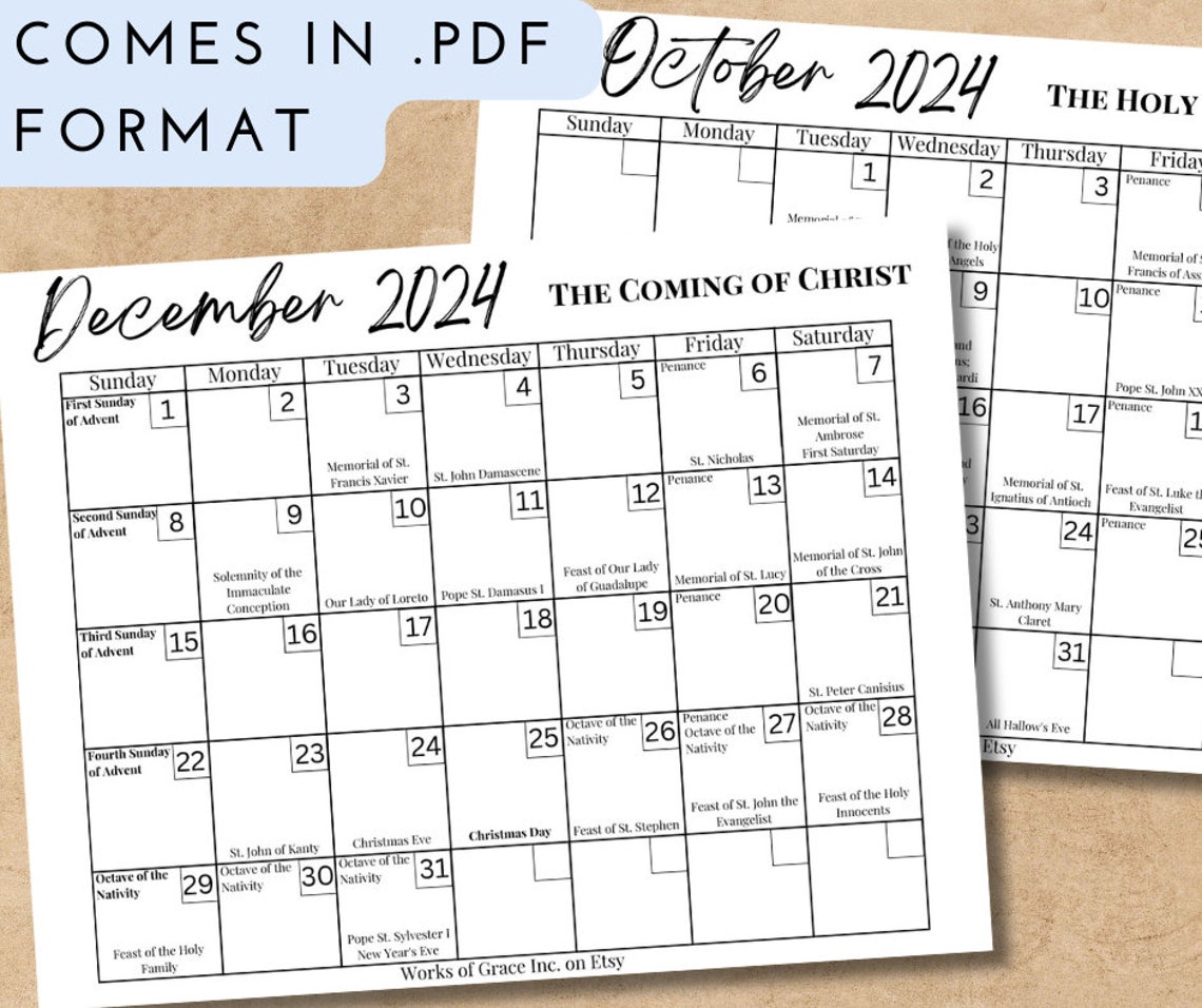 Printable Catholic 2024 Calendar Downloadable .PDF File Catholic