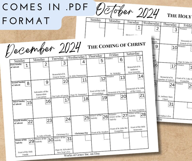 Printable Catholic 2024 Calendar Downloadable .PDF File Catholic