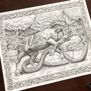 The Unicorn in Battle | Fantasy Art Print | Pen and Ink Drawing