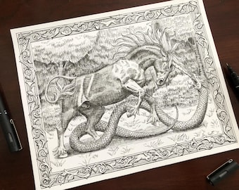 The Unicorn in Battle | Fantasy Art Print | Pen and Ink Drawing