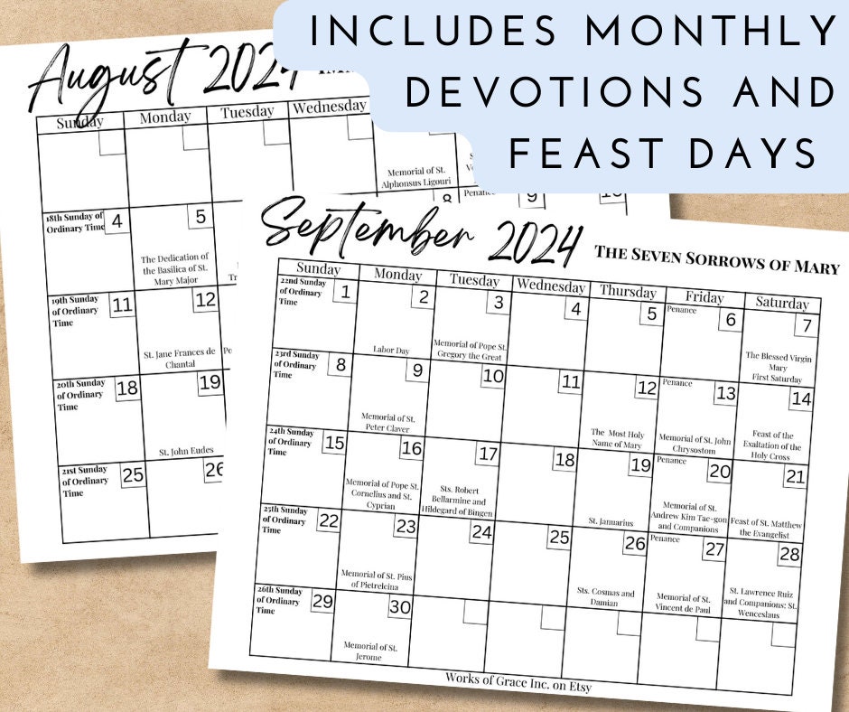 Printable Catholic 2024 Calendar Downloadable .PDF File Catholic