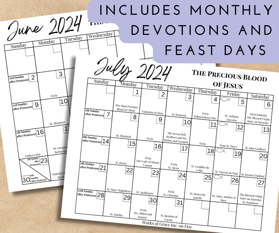 Printable Traditional Catholic 2024 Calendar Downloadable .PDF File