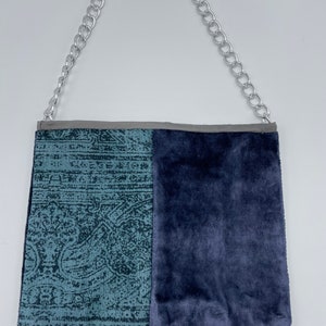 Pied Purse Turquoise Velvet /  Navy Design & Navy  Fancyish Bag Silver Tone Chain Shoulder Strap