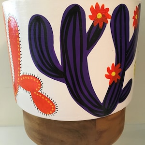 Mixed Coloured Cactus Hand Painted White Ceramic Planter Pot Timber Base | 21cm Tall | 20cm diam