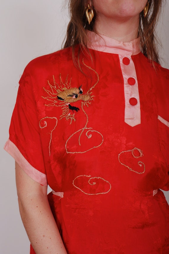 Vintage 1950s Red Dreamy Dragon Embroidered Satin 