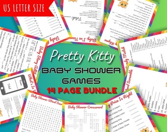 Pacote de jogos para chá de bebê Pretty Kitty | 14 modelos de cartas de banner Games Plus | Download digital para impressão | Festa de chá de bebê de menino e menina divertida