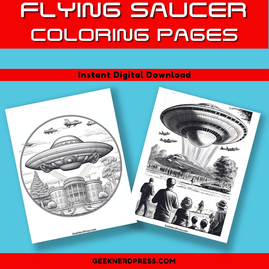 Flying Saucer and Alien Coloring Pages for Adults Kids Printable Instant Download Grayscale Book ...