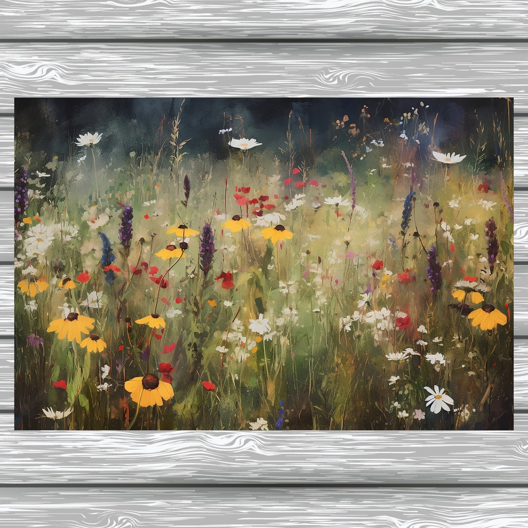 Vintage Style Printable Wildflower Field Landscape Oil Painting Country ...