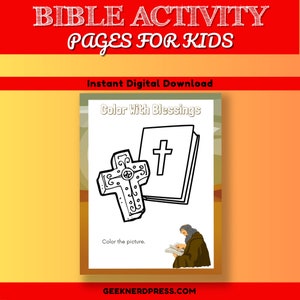 Pode incluir: Uma p&aacute;gina para colorir em preto e branco com uma cruz e um livro fechado com uma cruz na capa. O texto "Color With Blessings" est&aacute; no topo da p&aacute;gina. O texto "Color the picture." est&aacute; na parte inferior da p&aacute;gina.