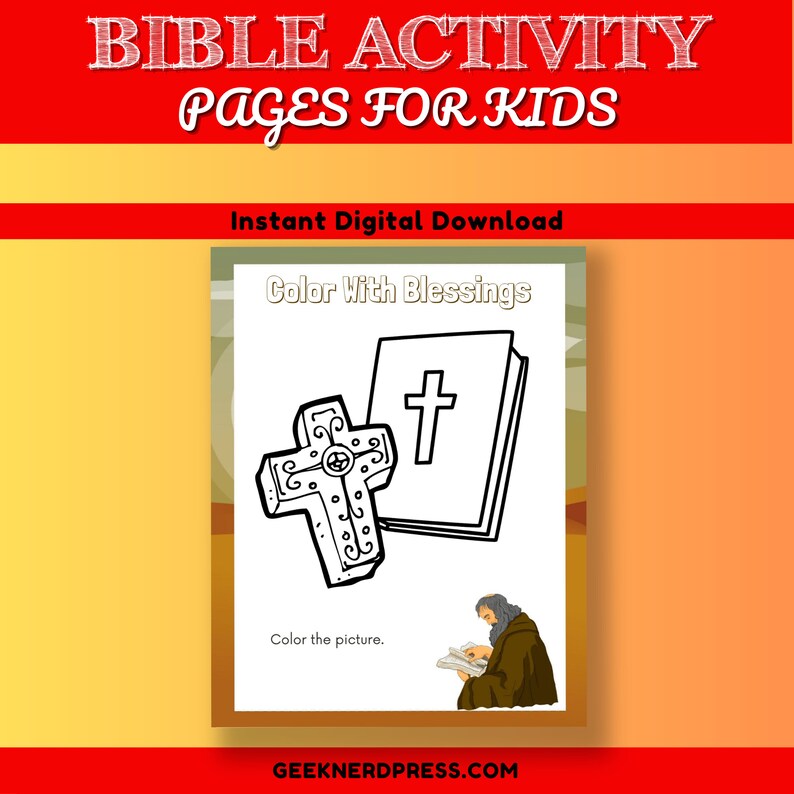 Pode incluir: Uma p&aacute;gina para colorir em preto e branco com uma cruz e um livro fechado com uma cruz na capa. O texto "Color With Blessings" est&aacute; no topo da p&aacute;gina. O texto "Color the picture." est&aacute; na parte inferior da p&aacute;gina.