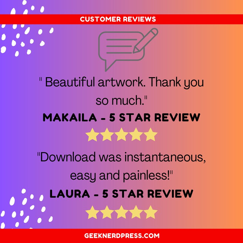 Pode incluir: Coment&aacute;rios de clientes para um produto digital com avalia&ccedil;&otilde;es de cinco estrelas e cita&ccedil;&otilde;es de dois clientes: "Linda obra de arte. Muito obrigado!" e "O download foi instant&acirc;neo, f&aacute;cil e sem dor!"