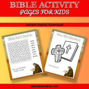 Pode incluir: Duas p&aacute;ginas de atividades b&iacute;blicas imprim&iacute;veis para crian&ccedil;as. A primeira p&aacute;gina &eacute; um ca&ccedil;a-palavras com as palavras "igreja", "Jesus", "Cristo", "cruz", "B&iacute;blia", "Advento", "santo" e "acreditar". A segunda p&aacute;gina &eacute; uma p&aacute;gina para colorir de uma cruz e uma B&iacute;blia com o texto "Color With Blessings".