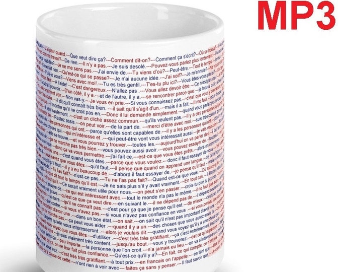 Taza con cláusulas, frases comunes y marcadores del discurso en francés con complemento MP3