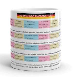 Puede incluir: Una taza de cerámica blanca con un gráfico colorido de declinaciones alemanas. El gráfico incluye las palabras "Declinaciones alemanas 101" y enumera los diferentes géneros de los sustantivos en alemán, incluyendo masculino, femenino y neutro. El gráfico también incluye ejemplos de cómo declinar los sustantivos en cada género.