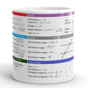 May include: White ceramic mug with a colorful design featuring geometric shapes and formulas for calculating area, volume, angles, and probability. The mug has a black rim and handle.
