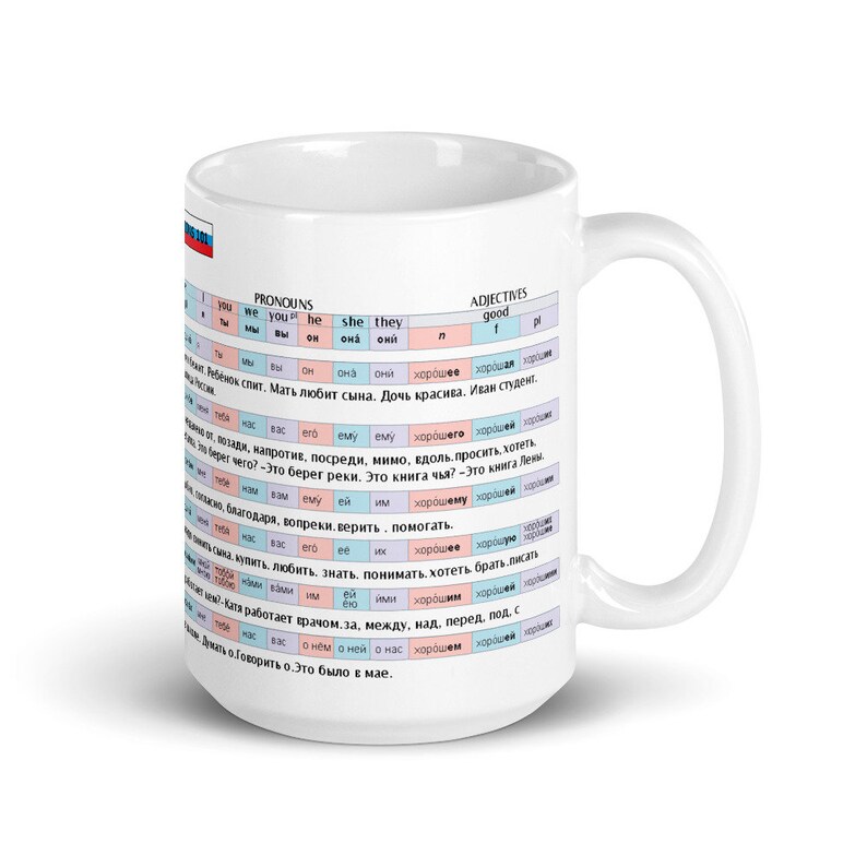Puede incluir: Taza de cer&aacute;mica blanca con un dise&ntilde;o de bandera rusa azul y roja. La taza presenta una tabla con pronombres y adjetivos en ruso, incluyendo las palabras "bueno", "ella", "ellos", "&eacute;l", "t&uacute;", "nosotros", "yo", "&eacute;l", "&eacute;l", "ella", "ellos", y "nosotros".
