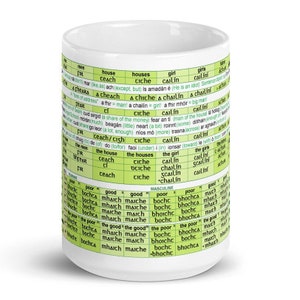 May include: A white ceramic mug with a green and black chart printed on it. The chart contains Irish words and their English translations. The words are organized into columns and rows. The chart includes words for "man", "house", "girl", "money", "poor", "good", and more.