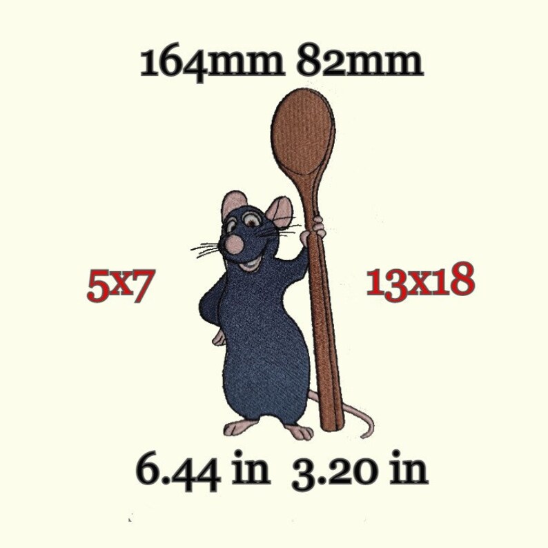 Puede incluir: Dise&ntilde;o bordado de una rata de dibujos animados sosteniendo una cuchara de madera. El dise&ntilde;o mide 16,4 cm por 8,2 cm y est&aacute; disponible en dos tama&ntilde;os: 5x7 y 13x18.