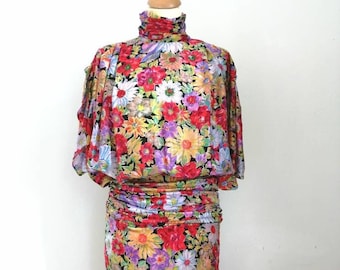 Bluemarine dress, 80s dress, silk dress, naked back dress, floral motif, pleated dress, high neck, bat sleeve dress, summer dress, size M