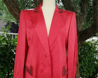 Escada blazer, vintage 90s jacket, red blazer, silk, beaded jacket, neck and pockets beaded, embroidered jacket, elegant blazer, size M