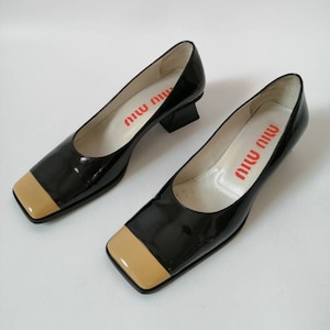Prada shoes, 90s low heel, Miu Miu pumps, beige toe, black vinyl leather, low heel, elegant shoes, squared tip, size 36-5, business style