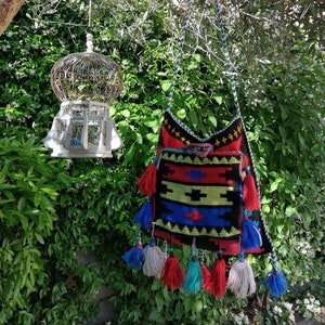 70s bag, vintage boho bag, carpet bag, hippie style, tassels bag, double bag, Guatemalan bag, aztec bag, south american bag, wool and cotton
