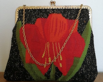 Bolso años 30, bolso vintage bordado, bolso Art Déco, flor roja, lurex dorado, bolso de noche negro, bolso estilo Art Déco, bolso elegante