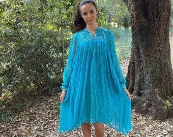 Indian cotton gauze dress, 70s vintage dress, cotton gauze, metallic threads, lightblue, lurex cotton gauze, lurex threads, quilted top