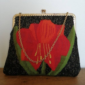1930s bag, vintage embroidered bag, Art Deco bag, red flower, golden lurex, black evening purse, art deco style bag, elegant purse