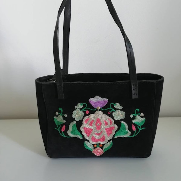 Casadei bag, vintage 90s black handbag, black suede leather handbag, embroidered handbag, floral embroidery, leather handles, Italian bag