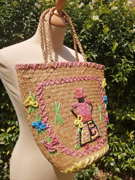 Vintage straw bag, embroidered raffia handbag, su… - image 6