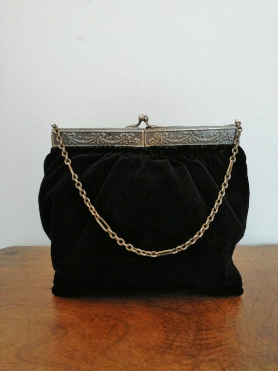 Vintage Clutch Purse  1920s Black Velvet Evening Bag