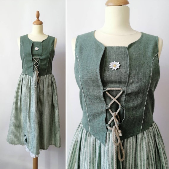 Dirndl dress, 90s vintage, dirndl, green and white