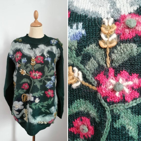 Vintage embroidered sweater, 80s green jumper, flo