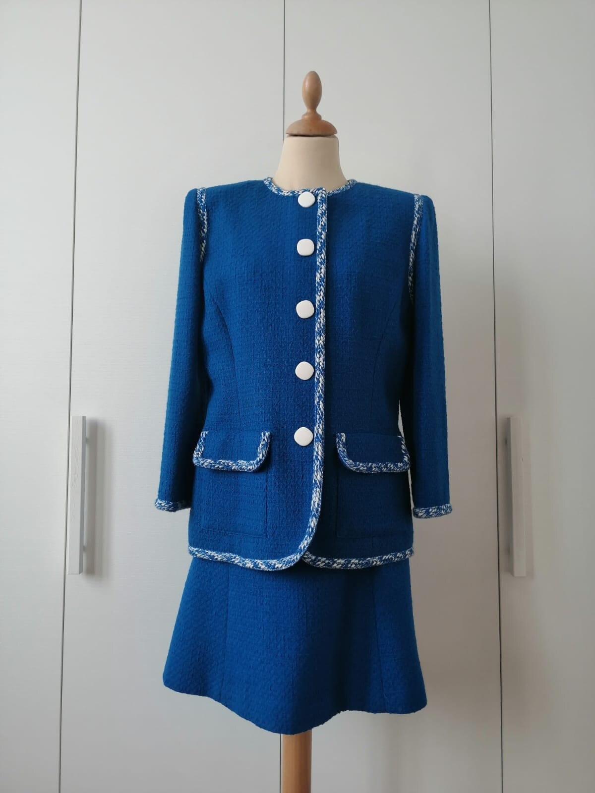 Tailleur vintage Luisa Spagnoli, tailleur pied-de-poule, tailleur femme, bleu, tailleur en laine, veste et jupe, tailleur, élégant, femme d'affaires