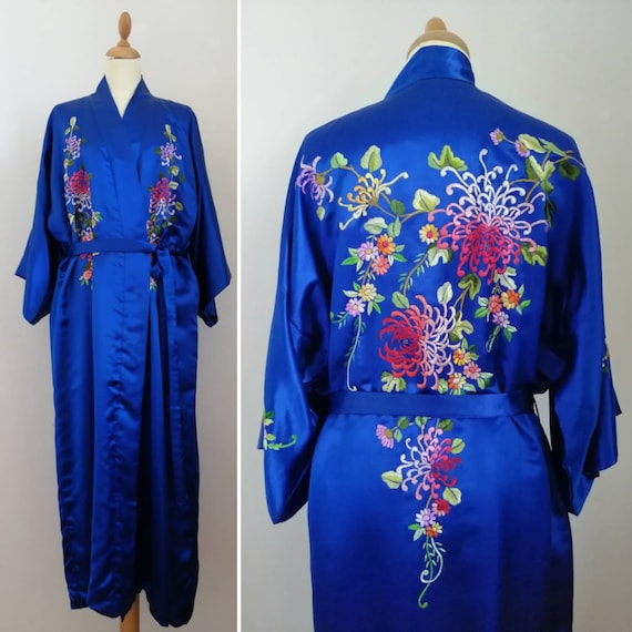 Vintage kimono, silk kimono, blue silk kimono, emb