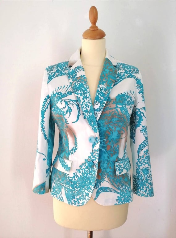 Max Mara jacket, vintage 90s jacket, aquamarine, summer blazer, cotton blazer, sea motif, lightblue jacket, white cotton blazer, size M