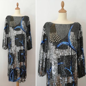 Vestido de lentejuelas, vestido vintage de los 80, brillante, de seda, azul y negro, vestido impresionante, vestido Gatsby, estilo Art Decó, vestido de cuentas, vestido largo
