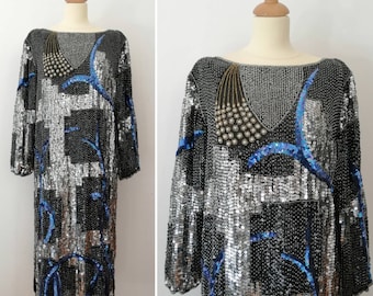 Sequins dress, vintage 80s dress, sparkling, silk, blue and black, stunning dress, Gatsby dress, Art deco style, beaded dress, long dress